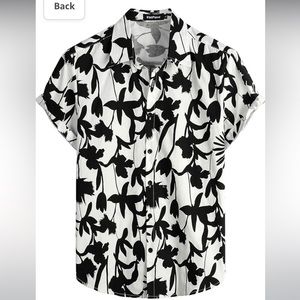 Mens 100% Cotton Hawaiian Black and White Floral Short Sleeve Button Down Size M